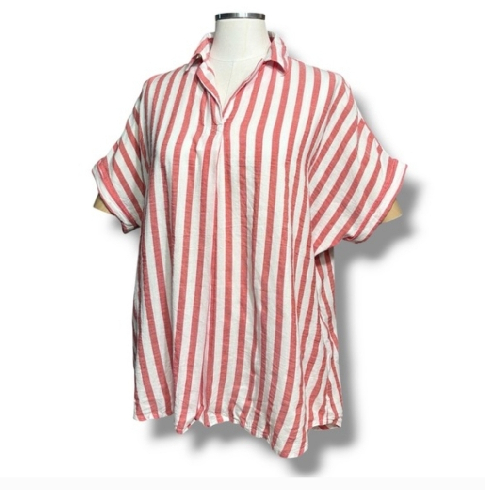 DA-SH Red & White Striped Cotton Blend Cap Sleeve Top Button Down Back